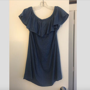 Madewell Blue Chambray off Shoulder Ruffle Dress